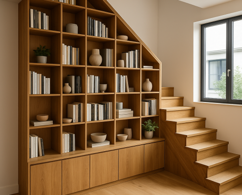 aménagement intérieur en bois sur mesure dans une maison moderne avec bibliothèque et escalier intégré