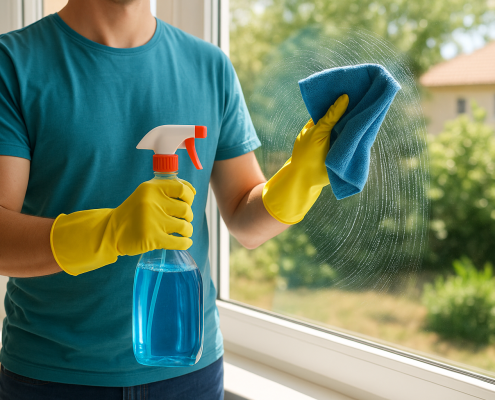 personne nettoyant une grande vitre en été avec un chiffon et un vaporisateur