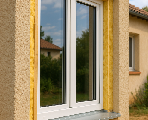 installation d’une fenêtre moderne isolée avec laine minérale sur façade en rénovation énergétique