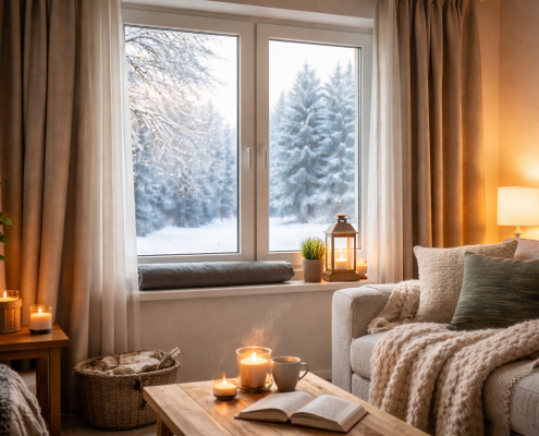 Fenêtre protégée du froid grâce à des rideaux thermiques dans un intérieur chaleureux