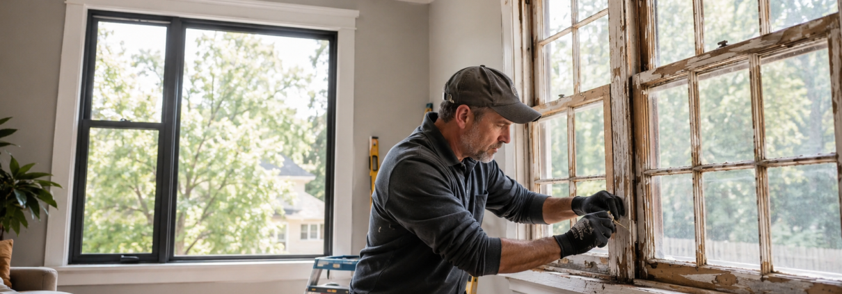 Artisan rénovant une ancienne fenêtre en bois dans une maison lumineuse pour illustrer la rénovation plutôt que le remplacement des fenêtres
