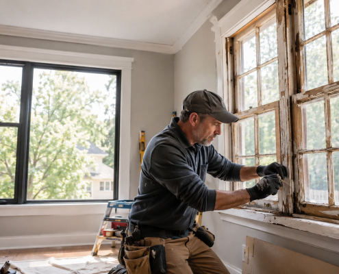 Artisan rénovant une ancienne fenêtre en bois dans une maison lumineuse pour illustrer la rénovation plutôt que le remplacement des fenêtres